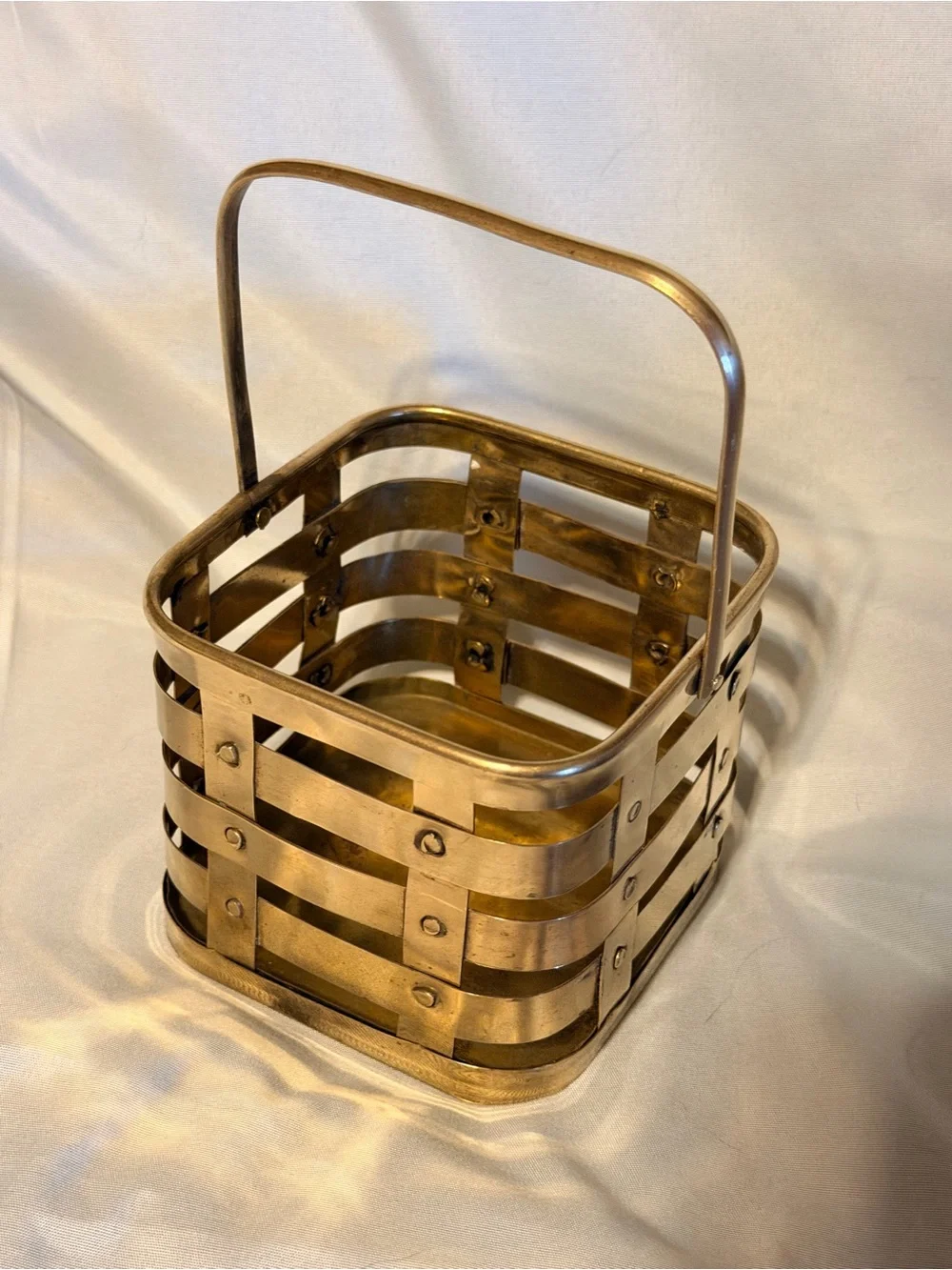 Vintage Woven Brass Basket Caddy Rustic Boho Organizer Made in India Decor